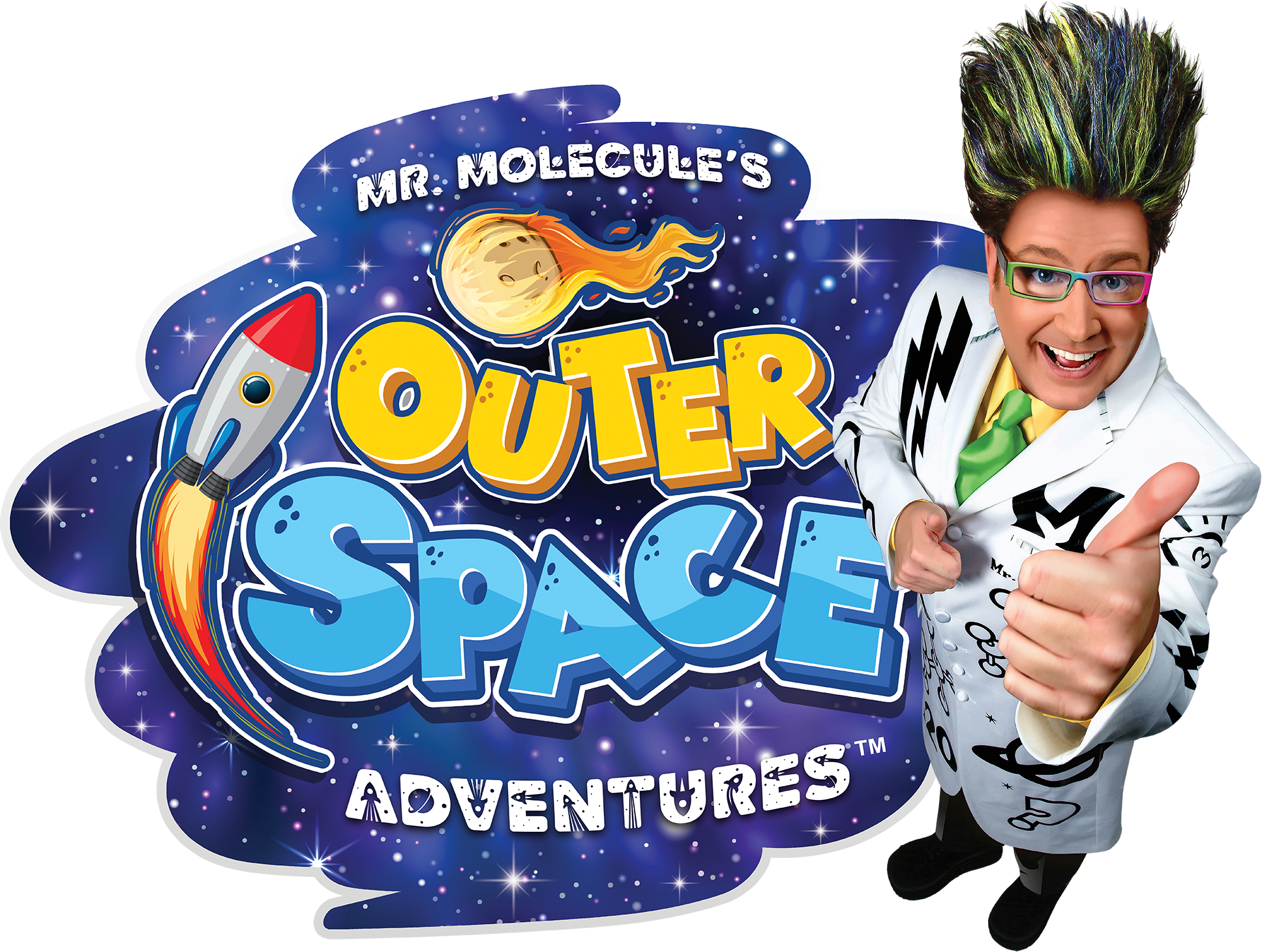Mr. Molecule's Outer Space Adventures showing a scientist giving a thumbs up and a space ship